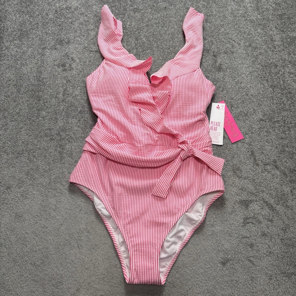 NWT Lilly Pulitzer Size 10 Delphie Roxie Pink Swim Suit Stripe Ruffle One Piece